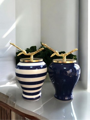 Dekoratif Obje Şah Küp 2 Li Gold Dal Zamaklı Lacivert Klasik Zebra - Feray Home