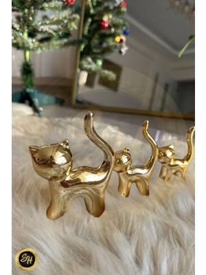 1-Adet Büyük Kedi Gold Biblo Dekoratif Sunumluk Dekor