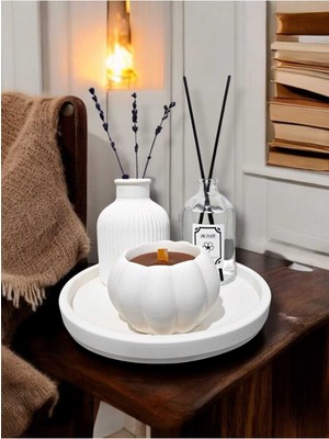 4lü Set Çizgili Vazo + Mumluk + Fresh Oda Kokusu + Yuvarlak Tabak