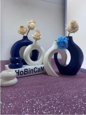 Lacivert -Krem Sevgili Vazo Set Dekoratif Halka Mumluklu Set