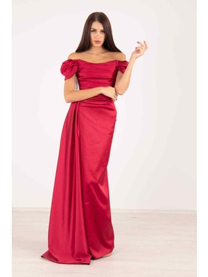 Bordo Drape Detaylı Saten Kumaş Abiye Elbise 9704858.04