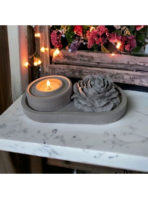 Stantlı Beton Mum Mumluk ve Gül (Tealight Hediyeli)
