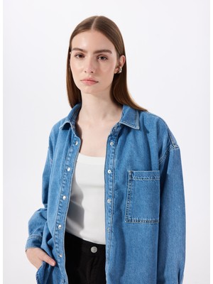 Jeep Relaxed Gömlek Yaka Yıkamalı Indigo Kadın Denim Gömlek J5SL-GML7149