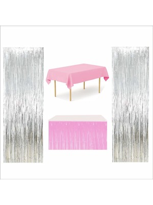 Pembe Masa Örtüsü, Pembe Masa Eteği, 2 Adet Gümüş Arka Fon Perde