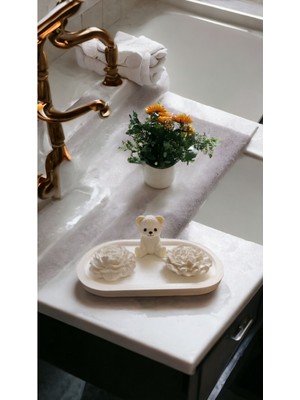 Beyaz Şakayık, Karanfil ve Ayıcık Set 4 Parça (Vernikli)