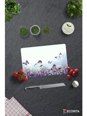 Mor Çiçek ve Kelebekler | Cam Kesme Tahtası - Cam Kesme Tablası | 20CM x 30CM