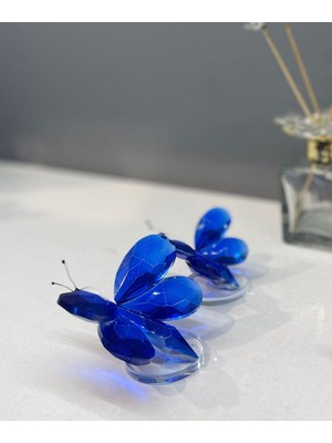Dekoratif Kristal Cam Ikili Kelebek Biblo Mavi