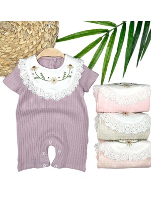 3-6-9-12 Ay Bebe Yaka Çiçek Nakışlı Pamuklu Petek Penye Yazlık Kız Bebek Tulumu