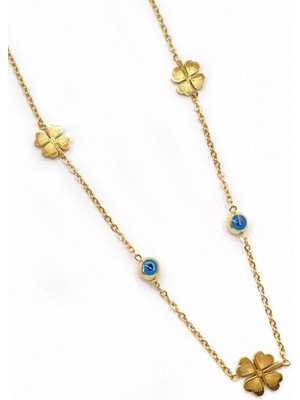 Nazar Boncuklu Altın Renk Yonca Çelik Kolye