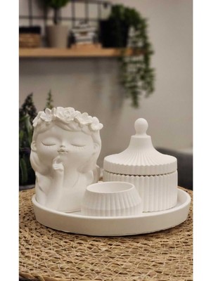 Beyaz Renk Özel Taş Çiçek Taçlı Kız Obje - Aksesuar Kutusu ve Mumluk Seti