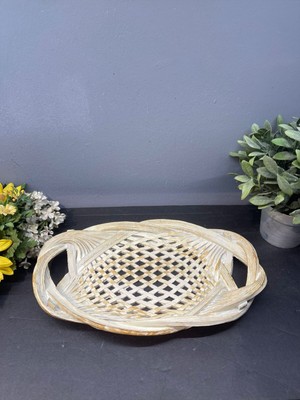 Dekoratif Polyester Tekli Hasır Sunumluk Tepsi Krem Gold Eskitme