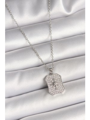 316L Çelik Gümüş Renk Zincir Zirkon Taşlı Kutup Yıldız Işlemeli Madalyon Model Kadın Kolye SL11060