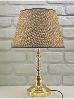 Gold Ayaklı 3 Kristal Taşlı Kahverengi Keten Kumaş Şapkalı Abajur Masa Lambası