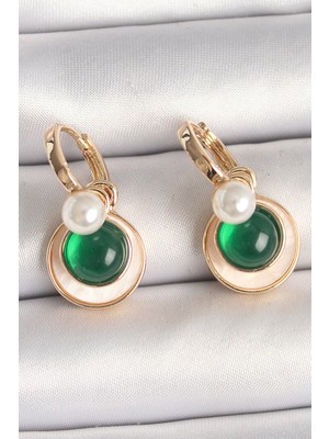 Pirinç Gold Renk Beyaz Yeşil Sallantı Mineli Kadın Küpe SL10946