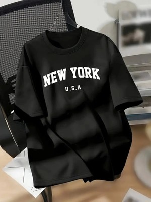 Defy Moda New York Baskılı Oversize Bisiklet Yaka T-Shirt - Siyah