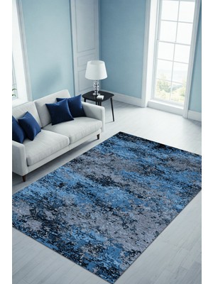 The Reef Design Lacivert Modern Desenli Eskitme Halı Dijital Baskılı Dokuma Kaymaz Tabanlı Yıkanabilir  Mutfak Halısı