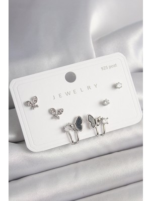 925 Ayar Gümüş Çivi Pirinç Gümüş Renk Zirkon Taşlı Kelebek Model Kadın Küpe Seti SL11035