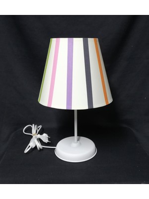 Krem Kumaş Abajur Renkli Şeritli Beyaz Metal Ayaklı