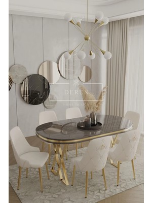 Nef Serisi Lak Panel Mdf Antrasit Renk Masa 90 x 168 Gold Ayak Masa Takımı 6 Adet Kahve Sandalye