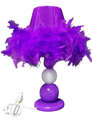 Mor Ahşap Abajur Yatak Odası Abajuru Mor Beyaz Top Abajur