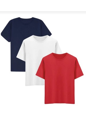 3lü Kısa Kol Rahat kalıp unisex Tişört Beyaz -Lacivert -Kırmızı