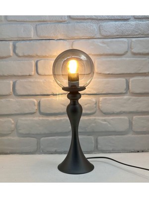 Siyah Şahmeran Model Yüksek Metal Ayaklı 15 cm Füme Renk Camlı Masa Lambası Abajur Aydınlatma
