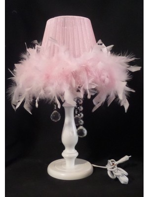 Pembe Tüylü Taşlı Ahşap Abajur Pembe Tüylü Abajur