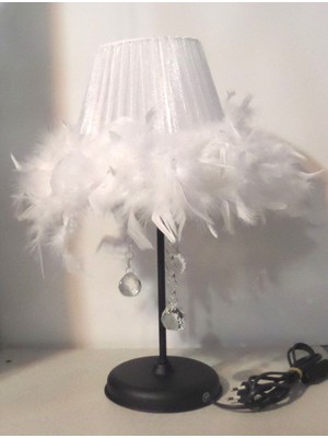 Beyaz Tüylü Taşlı Yatak Odası Abajuru Metal Ayaklı Abajur