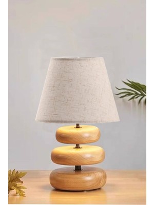 Round Ahşap Ayaklı Keten Abajur