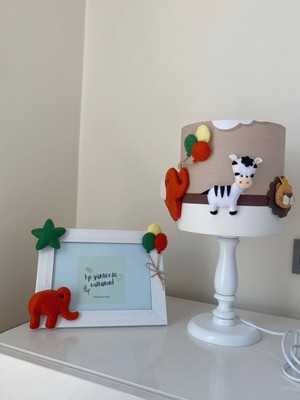 Kahve Bulutlu Krem Renk Amazon Hayvan Figürlü Bebek/çocuk Odası Tasarım Abajur Çerçeve Seti