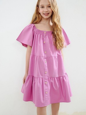 Kare Yaka Çiçekli Kız Çocuk Elbise