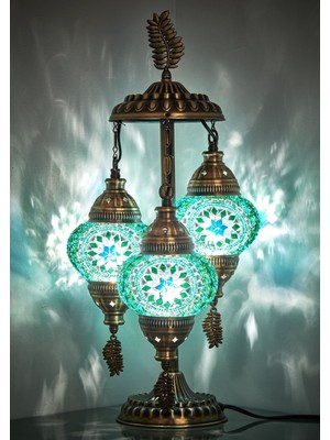 Türk Fas Mozaik 3'lü Masaüstü Dekor Lambası Otantik Körfez Ülkelerine Uyumlu G-Priz Yaprak Modelli