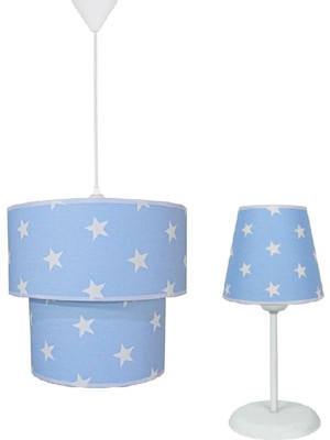 Ikili Silindir Kumaş Sarkıt ve Abajur Takım-Mavi Yıldız