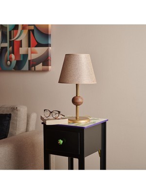 Ahşap Detaylı Metal Abajur - Eskitme - 43X25X25 cm