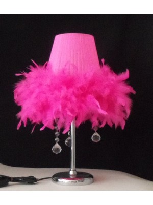 Fuşya Tüylü Taşlı Yatak Odası Abajuru