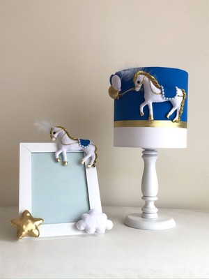 Indigo Mavi Gold Detay Süslü At Figürlü Bebek/çocuk Odası Tasarım Abajur Çerçeve Seti
