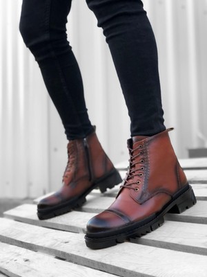 BA0187 Içi Dışı Hakiki Deri Taba Erkek Fermuarlı Yarım Bot