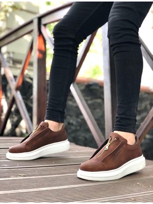BA0310 Boa Kalın Yüksek Taban Fermuarlı Taba Beyaz Erkek Ayakkabı