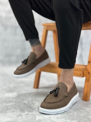 BA0005 Bağcıksız Yüksek Taban Klasik Keten Kahverengi Püsküllü Erkek Ayakkabı