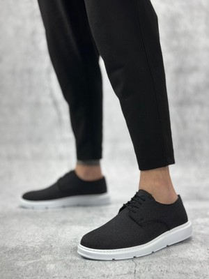 BA0003 Bağcıklı Klasik Spor Keten Siyah Beyaz Taban Casual Erkek Ayakkabı