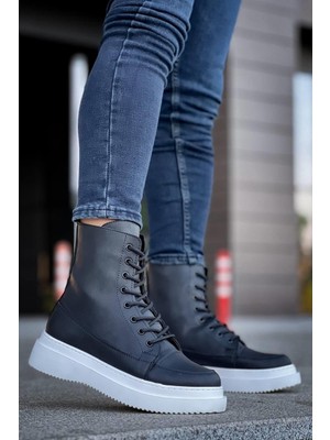 Kuback KB-0991 Siyah Cilt Yüksek Taban Bağcıklı Postal Bot Erkek Vegan Malzeme ile Rahat Kullanım