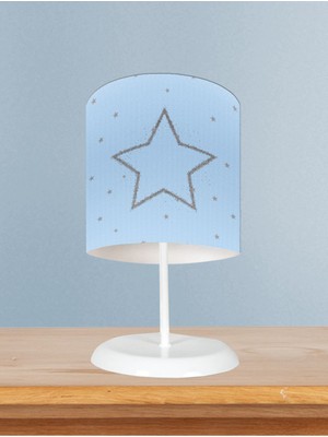 Bebek ve Çocuk Odası Büyük Gri Yıldız Desenli Mavi Abajur