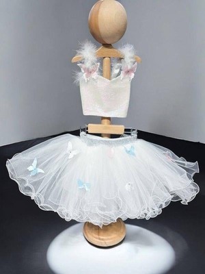 Kız Çocuk Kelebek Desenli Pullu Croplu Tütü Etekli Takım