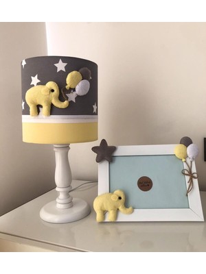 Gri Yıldızlı Limon Sarı Renk Fil Figürlü Abajur Çerçeve Bebek Odası Tasarım Set