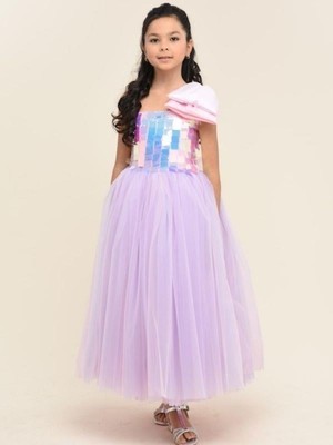 Kız Çocuk Işıltılı Pul Detaylı Tek Omuz Tüllü Uzun Abiye Elbise