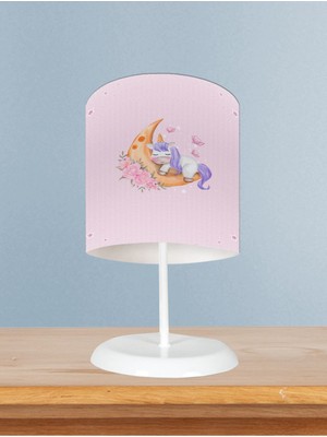 Bebek ve Çocuk Odası Aya Sarılan Unicorn Desenli Pembe Abajur