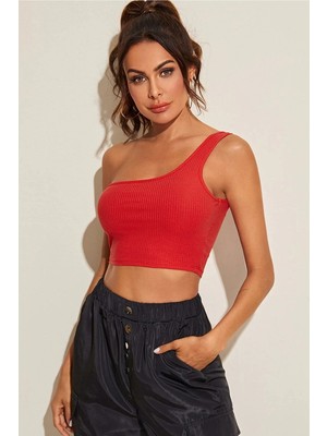 Kadın Kırmızı Tek Omuz Crop Büstiyer