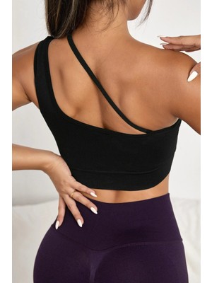 Kadın Siyah Tek Omuzlu Çapraz Askılı Crop Top Büstiyer