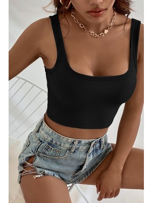 Kadın Siyah Kalın Askılı Crop Top Büstiyer