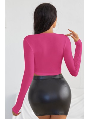 Kadın Fuşya Uzun Kol Kare Yaka Crop Top Bluz
